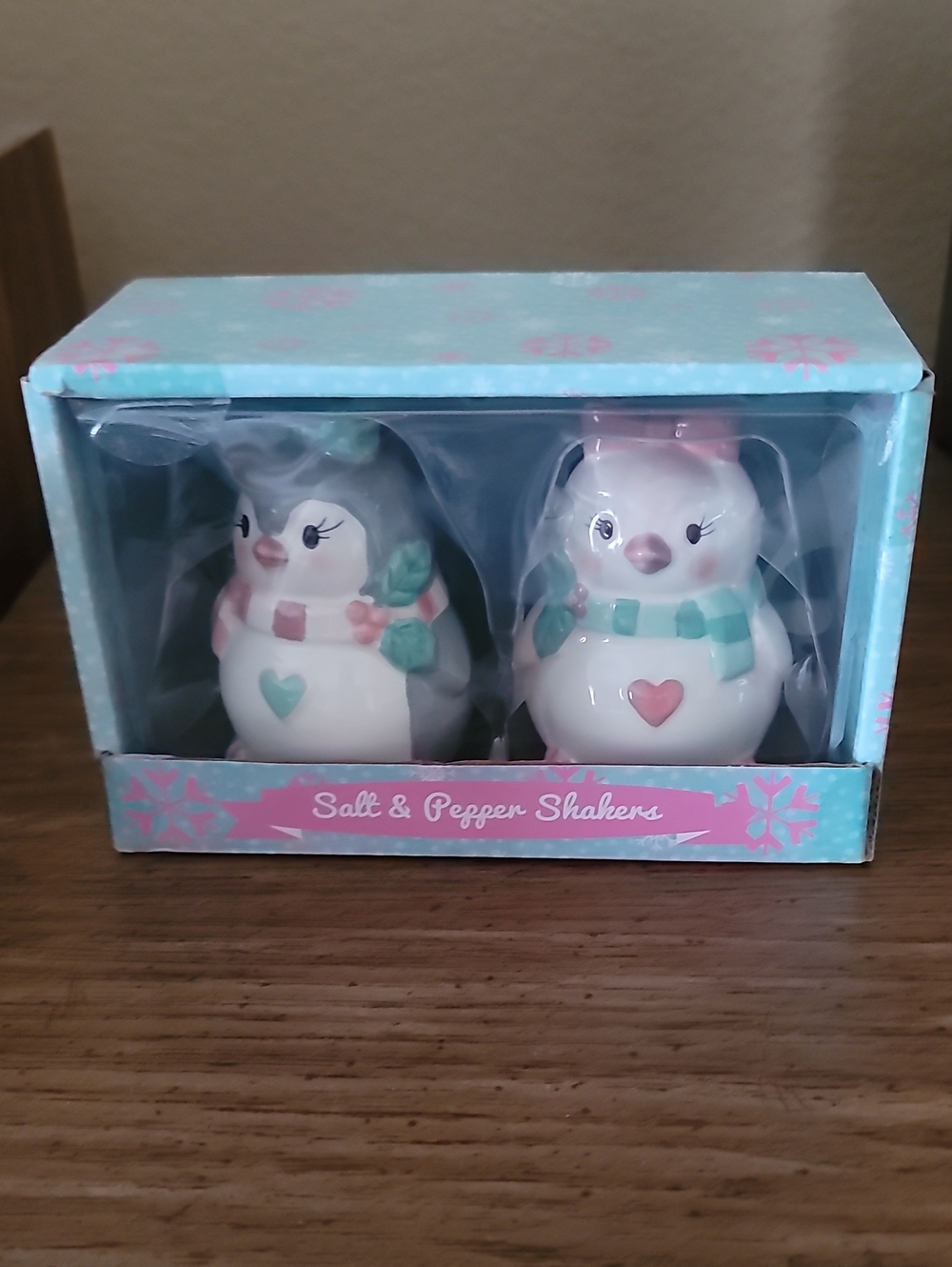 Ceramic Snowman Salt & Pepper Shakers Set - White with Pink & Teal Accents